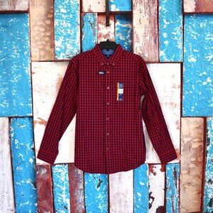 Men's George Long Sleeve Stretch Poplin Shirt Casual MEDIUM Red Plaid NEW